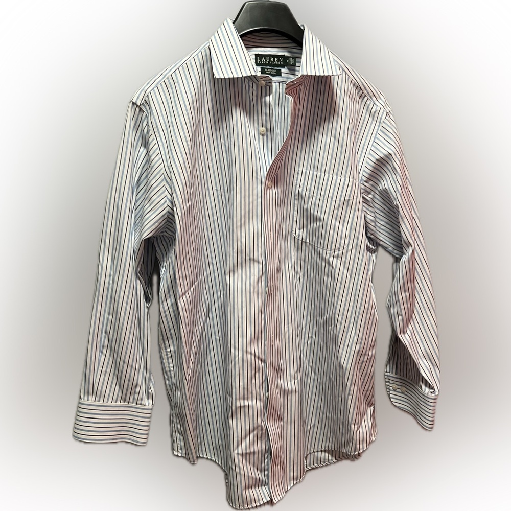 Lauren Ralph Lauren White with Blue Stripe Classic Fit  Shirt Size 17 -32/33